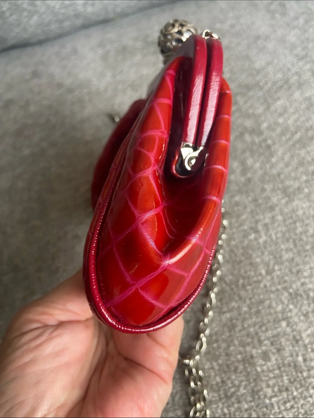 Brighton Red Quilted Patent Clutch with Chain Strap